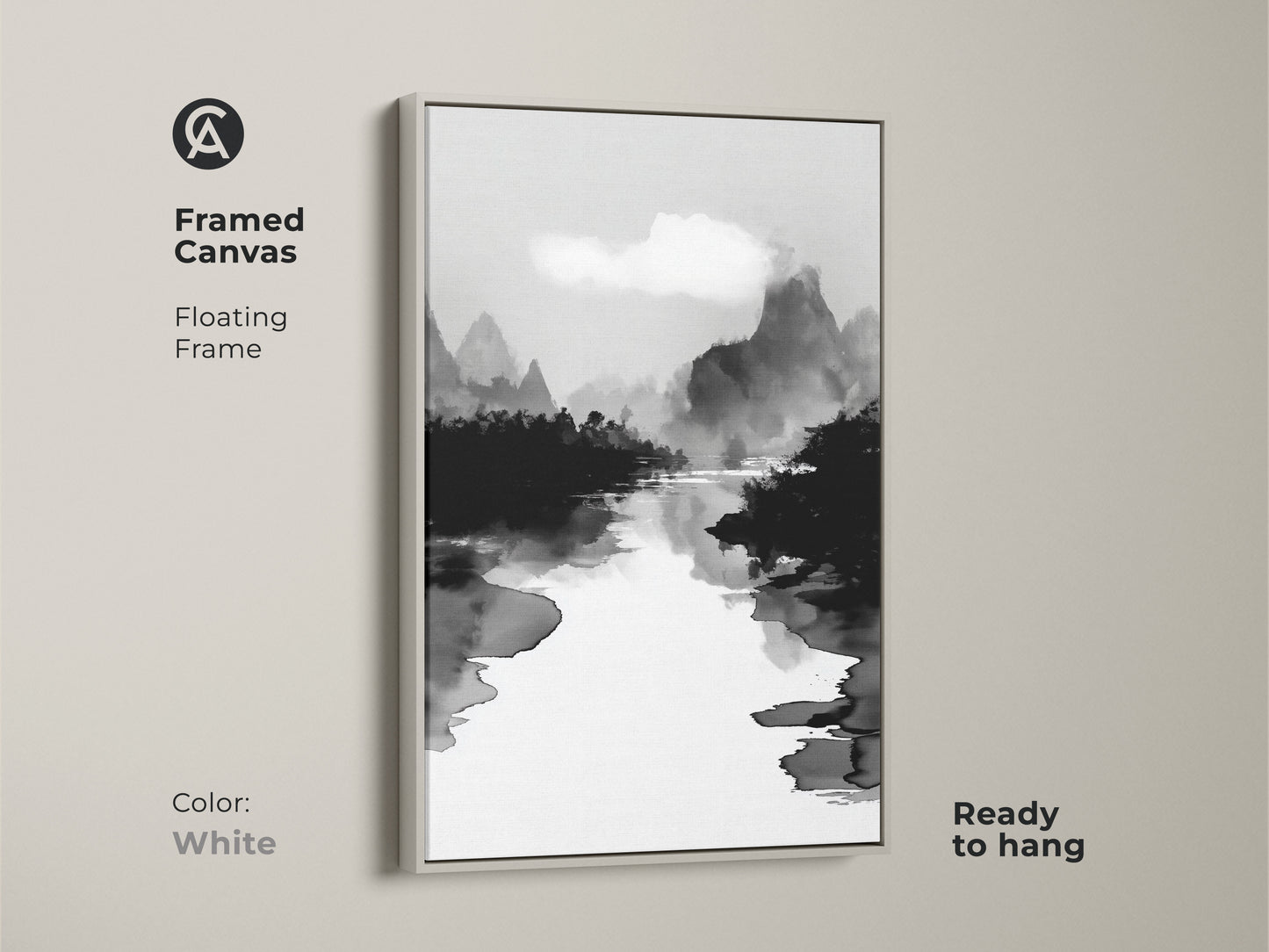 Framed canvas in white displaying a black white ink wash art print. The minimalist mountain river landscape canvas enhances minimalist office decor. The Japanese Sumi-e style artwork brings a calm aesthetic. This monochrome home decor is ideal for creating a peaceful environment.
