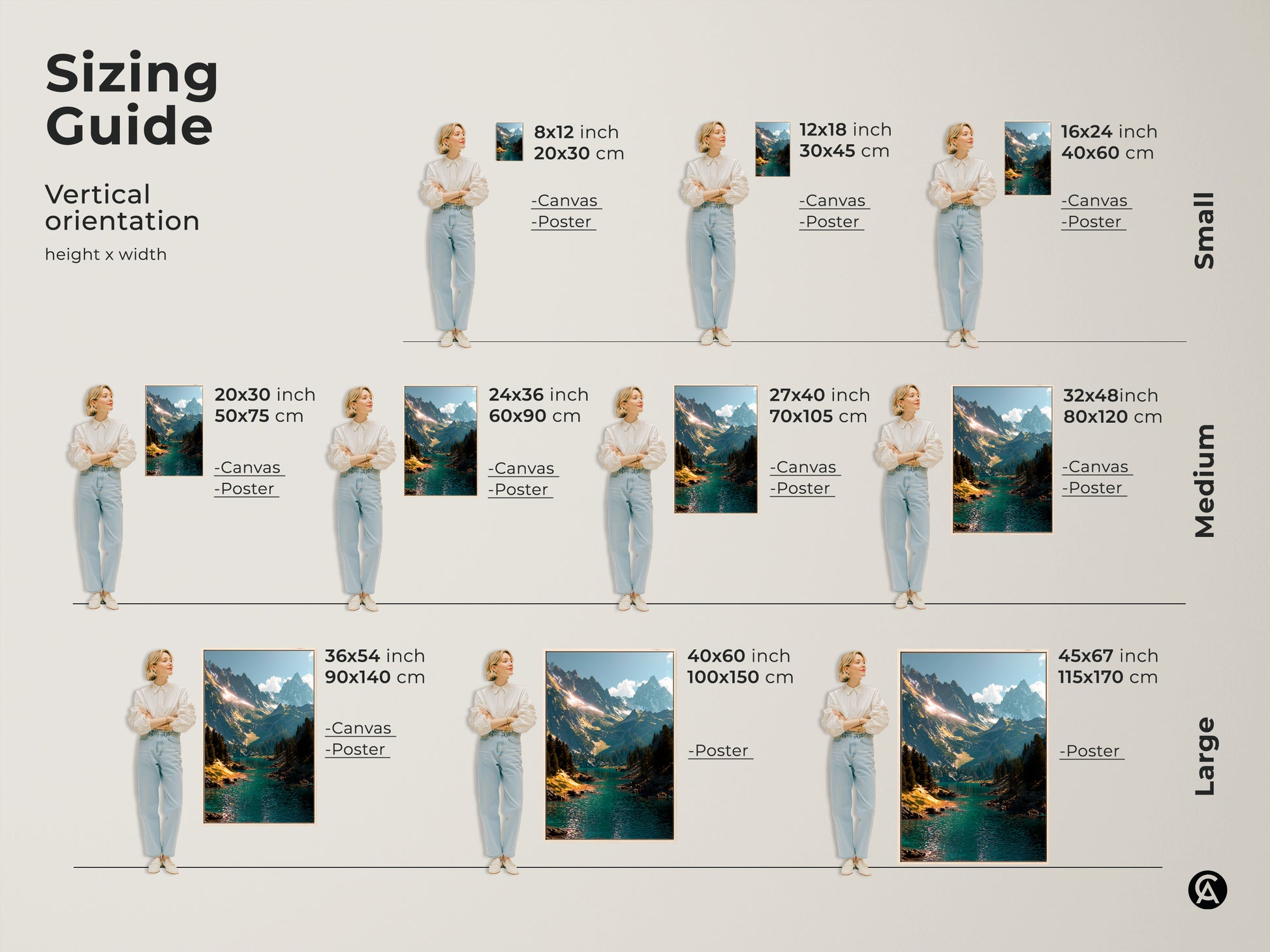 Sizing guide for mountain landscape art. See vertical orientations and height x width options. Available as canvas or poster. Choose from small medium and large sizes. Visualize the perfect fit!