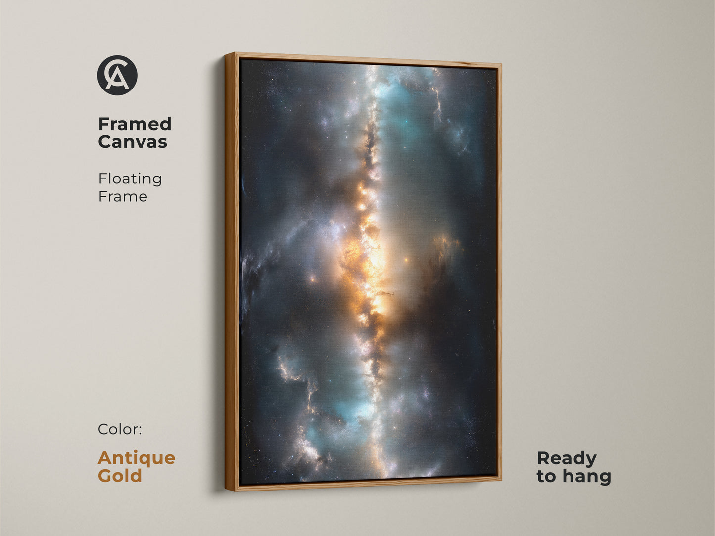 Framed canvas featuring a Nebula with an antique gold floating frame. This ready-to-hang artwork adds a touch of class. The gold frame complements the nebula art beautifully. Perfect for living rooms and offices.