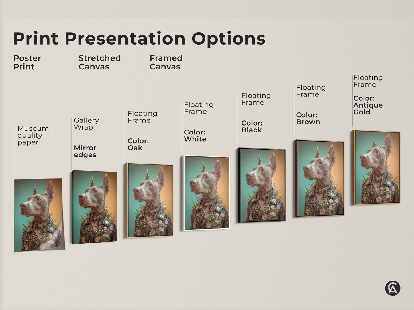 Sizing guide for Doberman art print displaying vertical dimensions for canvas and poster options. Choose from small medium or large sizes. This unique art in sizes 8x12 to 45x67 inches. It is a great fit for any space. Perfect as eclectic home decor or a gift for dog and rock music fans.