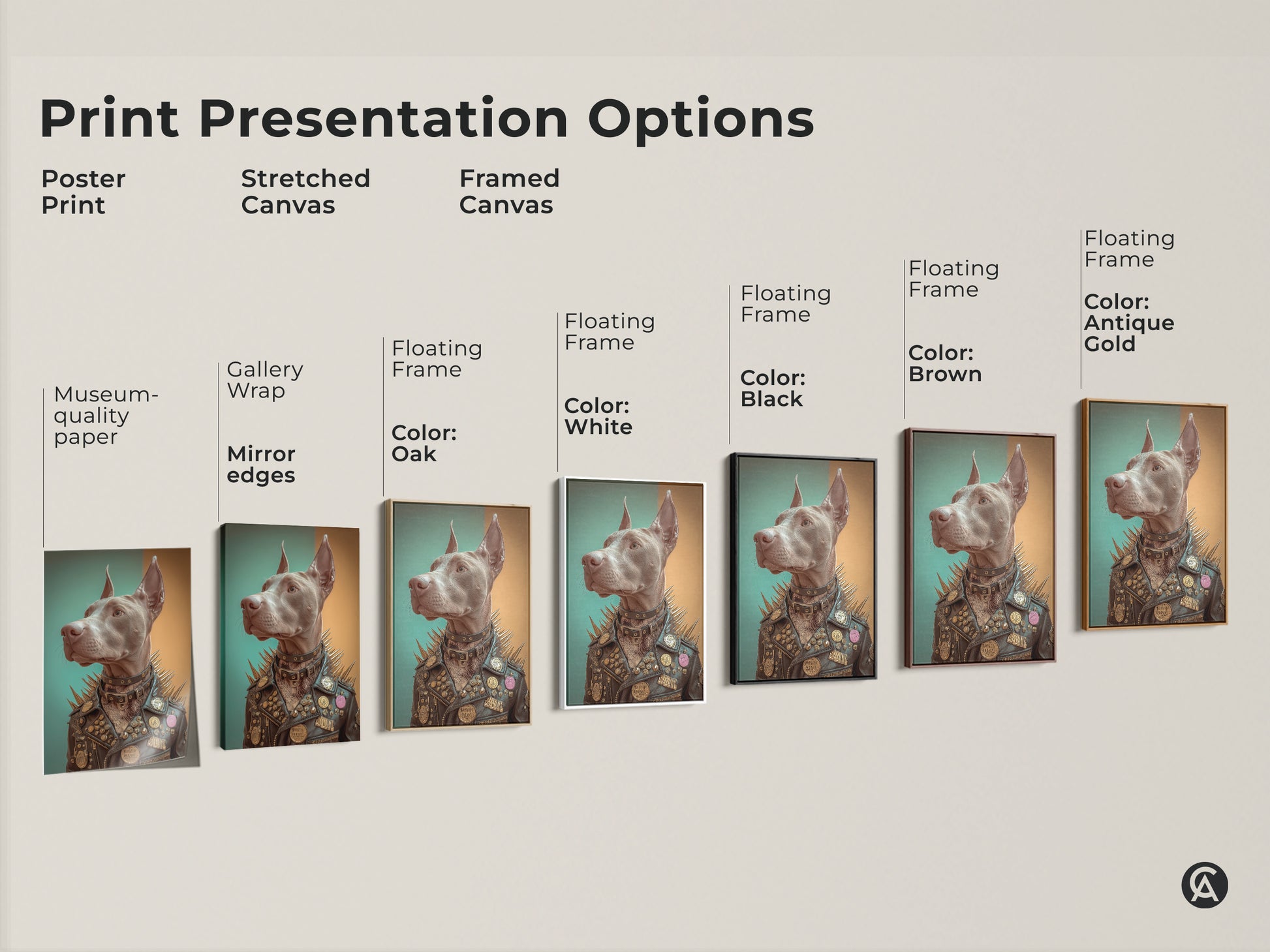Sizing guide for Doberman art print displaying vertical dimensions for canvas and poster options. Choose from small medium or large sizes. This unique art in sizes 8x12 to 45x67 inches. It is a great fit for any space. Perfect as eclectic home decor or a gift for dog and rock music fans.