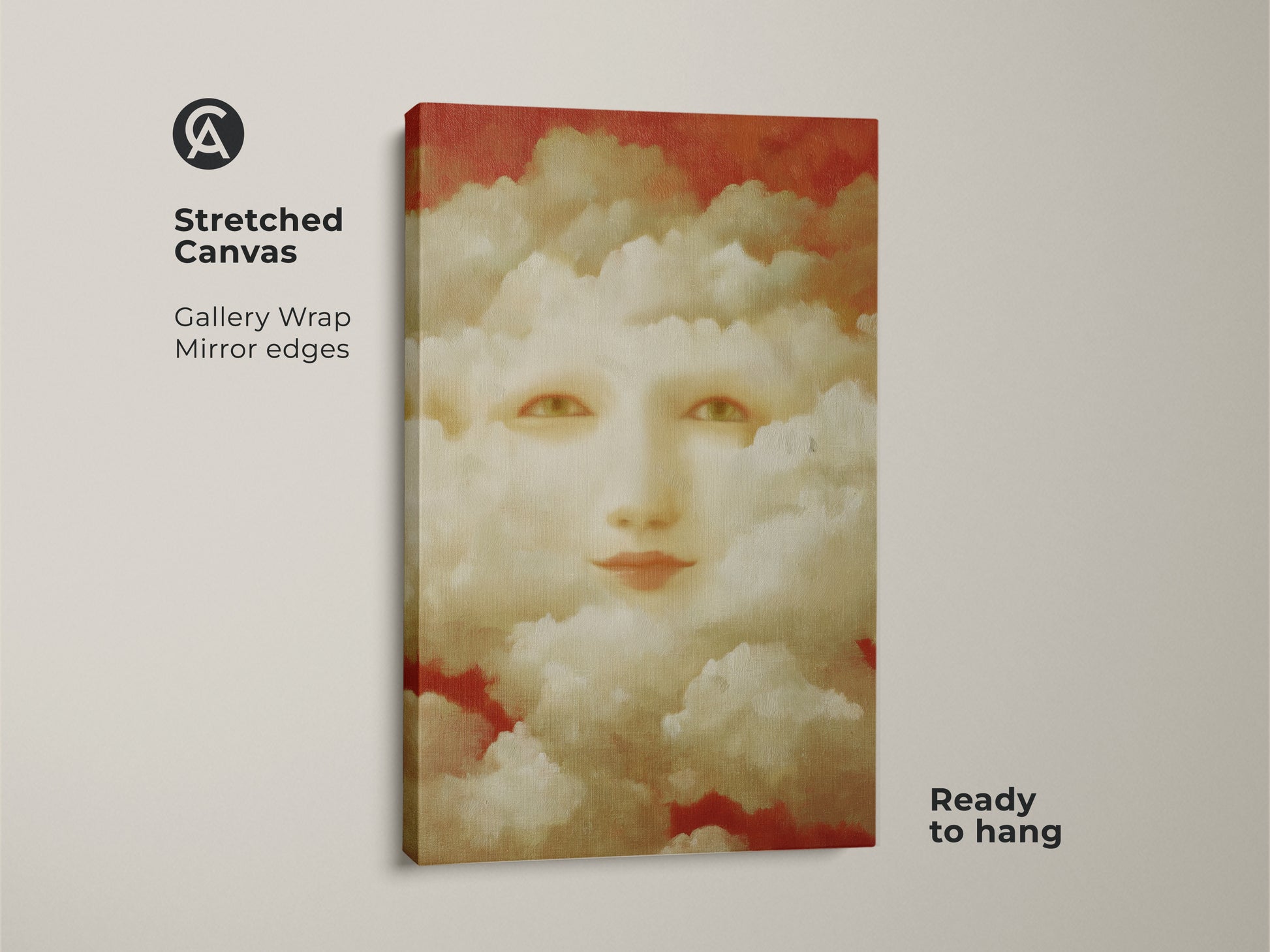 Close-up of a surreal face cloud painting. The artwork features gold accents and cream cloudscapes. It is a unique wall art for the living room. This art is modern and dreamy.