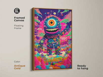 Framed canvas featuring a one-eyed monster artwork. The floating frame is antique gold. This colorful character is ready to hang. The art adds a playful touch. A unique piece for any room decor. The antique gold frame enhances the artwork.