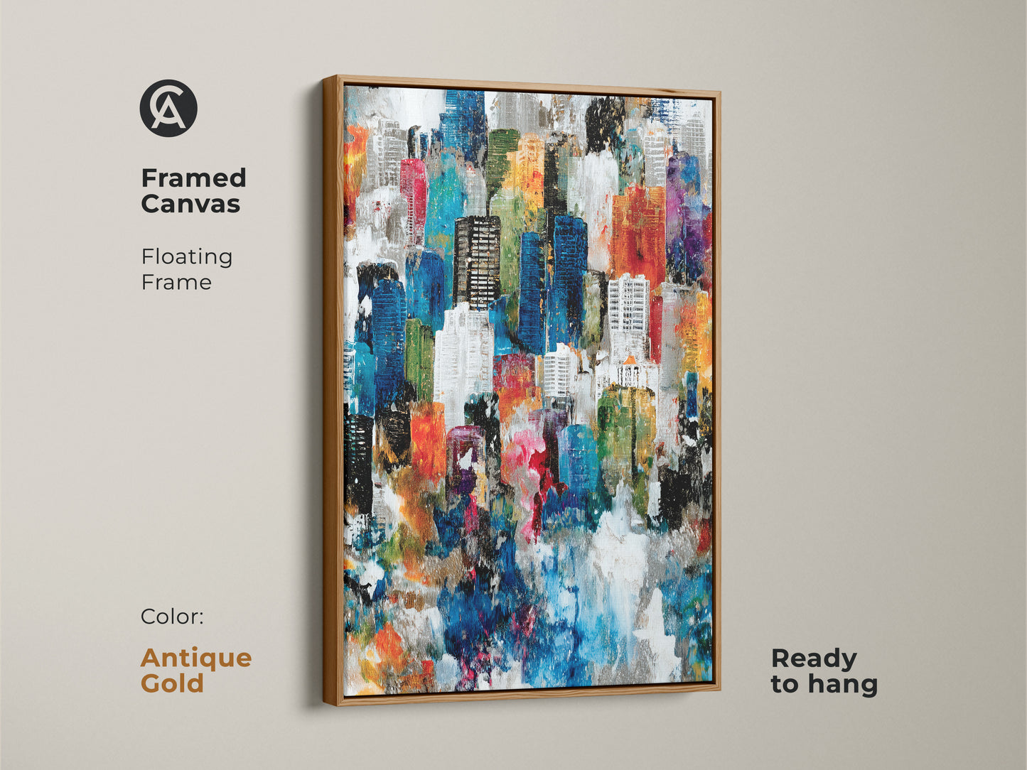 Framed canvas art featuring a colorful abstract cityscape with an antique gold floating frame. The artwork is ready to hang. It brings warmth and sophistication to any interior. This piece provides a stylish decor.