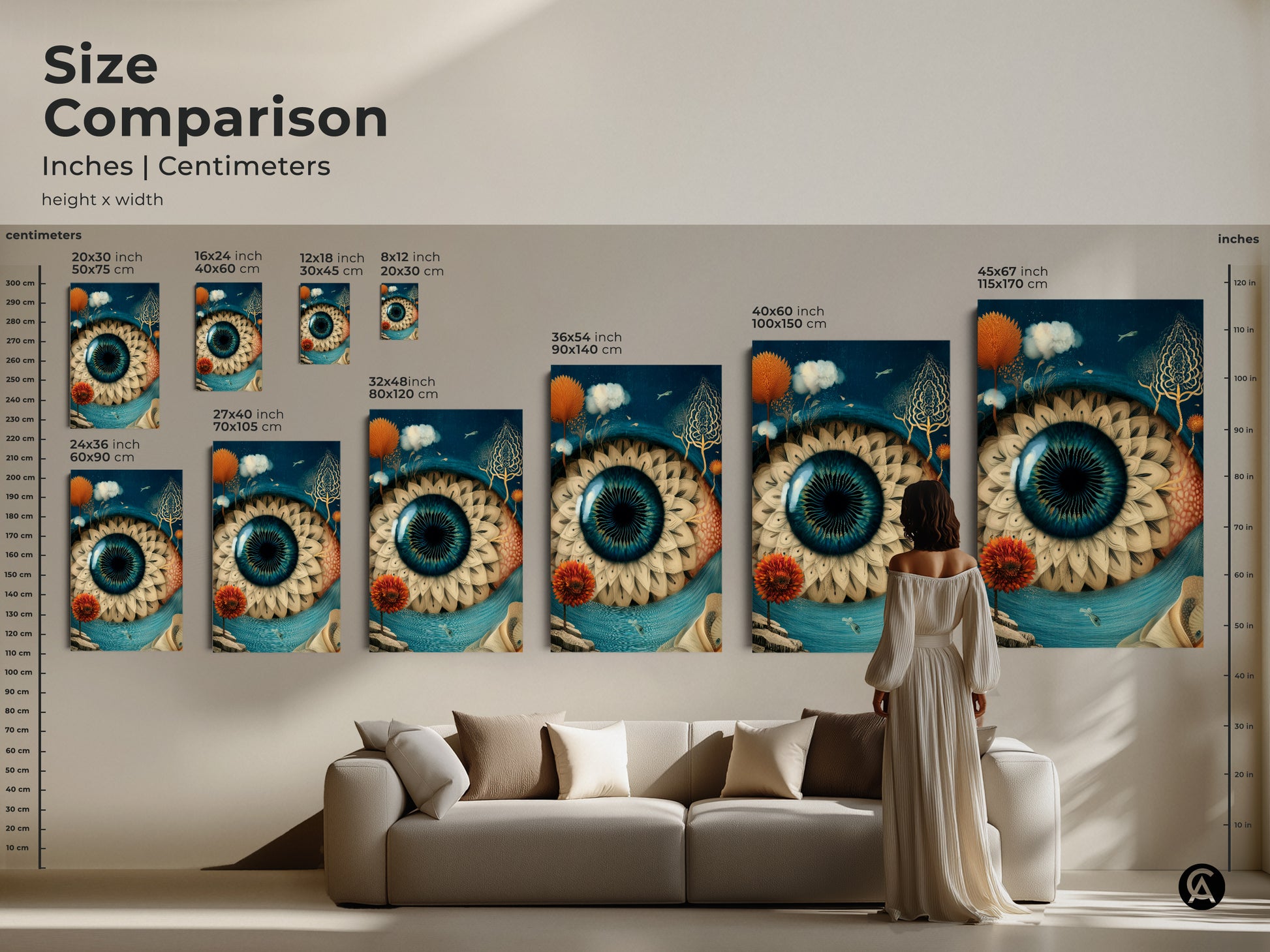 Size comparison of surreal eye art prints in inches and centimeters. Visualize how each canvas size enhances your living space. Sizes range from small 16x24 inch to large 45x67 inch prints. Ideal for making a statement in any room.