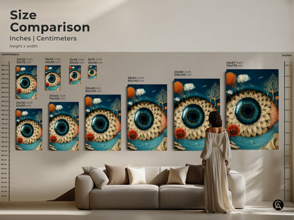 Size comparison of surreal eye art prints in inches and centimeters. Visualize how each canvas size enhances your living space. Sizes range from small 16x24 inch to large 45x67 inch prints. Ideal for making a statement in any room.