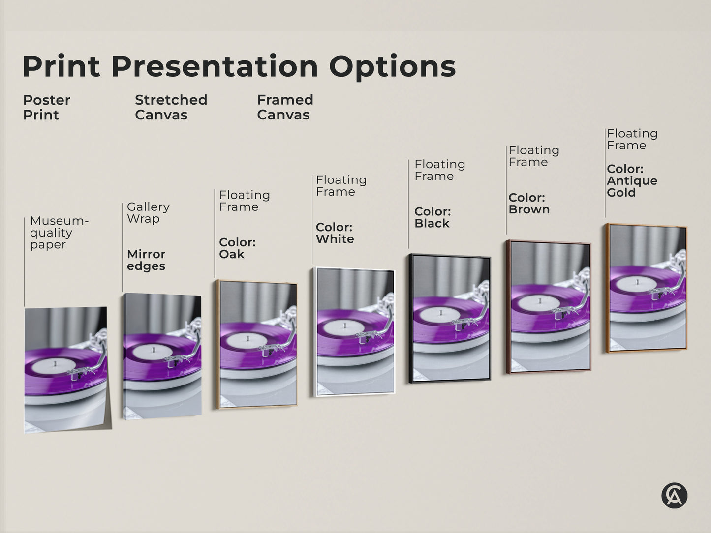 Explore print presentation options. See the purple vinyl record art as a poster print. See it as a stretched canvas. And as a framed canvas. Choose from museum-quality paper. Or gallery wrap with floating frames.