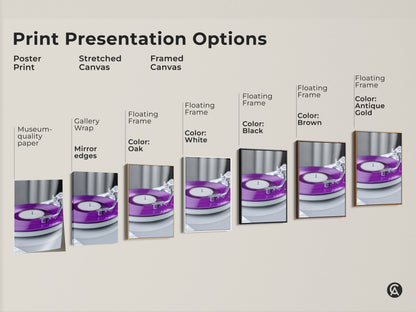 Explore print presentation options. See the purple vinyl record art as a poster print. See it as a stretched canvas. And as a framed canvas. Choose from museum-quality paper. Or gallery wrap with floating frames.