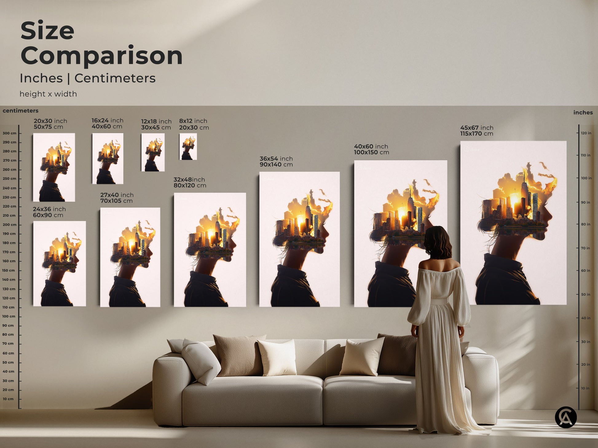 Size comparison inches centimeters woman profile cityscape art. Abstract surreal wall art. Conceptual urban landscape canvas in orange yellow gold sunset. Contemporary art for modern bedroom wall decor or contemporary office art. Compare the sizes to find the perfect fit.