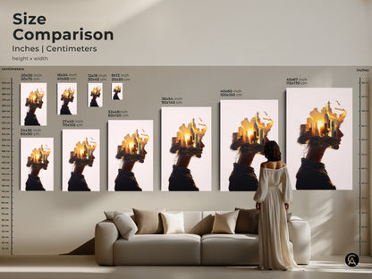 Size comparison inches centimeters woman profile cityscape art. Abstract surreal wall art. Conceptual urban landscape canvas in orange yellow gold sunset. Contemporary art for modern bedroom wall decor or contemporary office art. Compare the sizes to find the perfect fit.