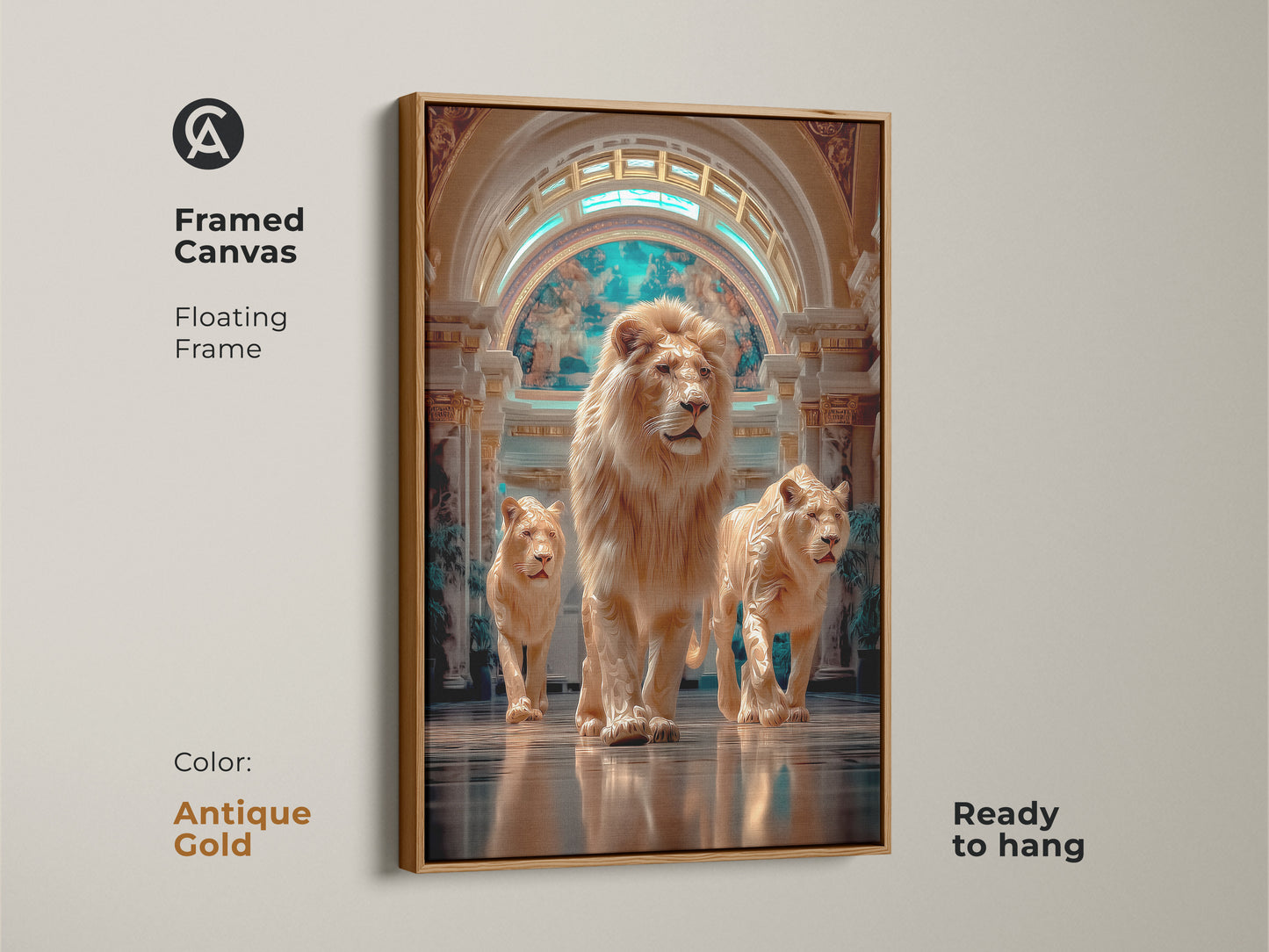 Framed canvas in antique gold color featuring a photorealistic lion family. The floating frame is ready to hang. This beige turquoise and gold toned artwork enhances interiors. It captures the savannah's grandeur and is suited for eclectic homes. This regal lioness artwork is ideal as a luxury gift.