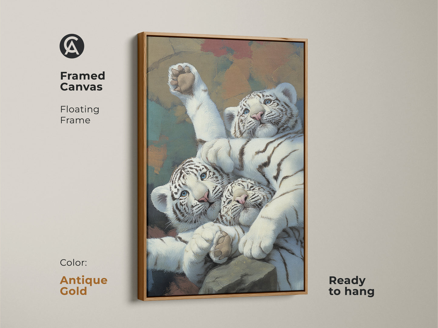 Framed canvas with realistic white tiger cubs art in an antique gold floating frame. This wildlife feline canvas print is ready to hang. Ideal newborn tiger painting art for animal lovers. Add a touch of eclectic home decor with this big cat canvas artwork. A cute animal wall decor choice.