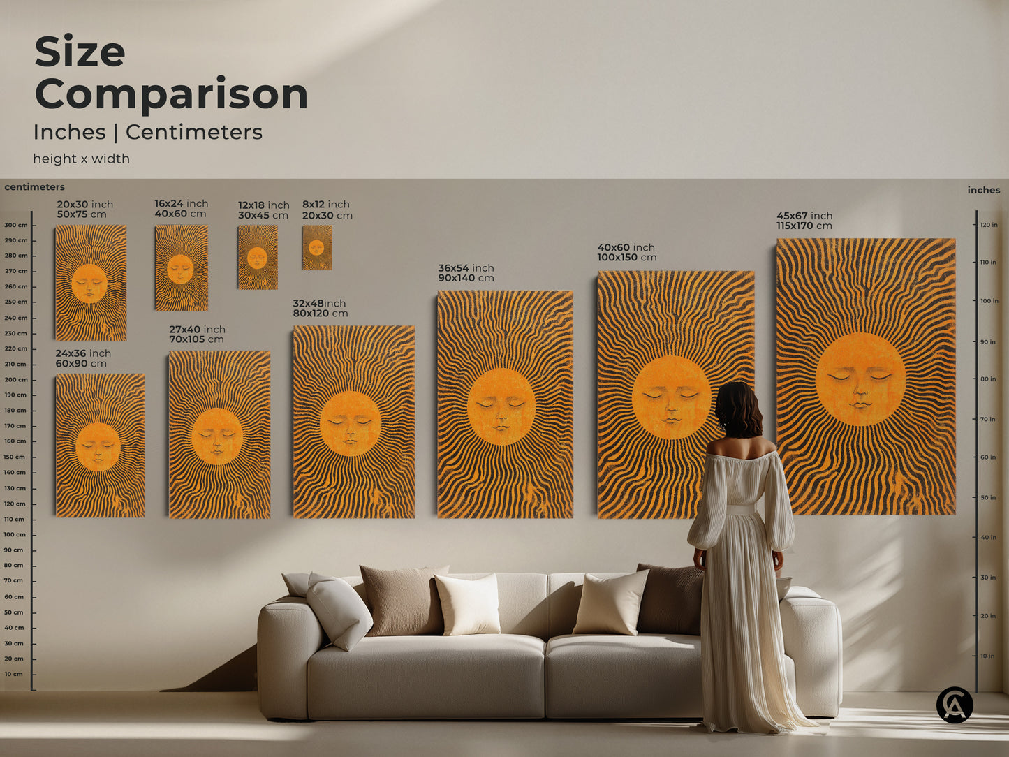 Compare sizes of the celestial sun artwork in inches and centimeters. This boho abstract sun face wall decor is available in various dimensions. Perfect for adding mid-century modern flair to any room. Transform your living space with this unique piece.