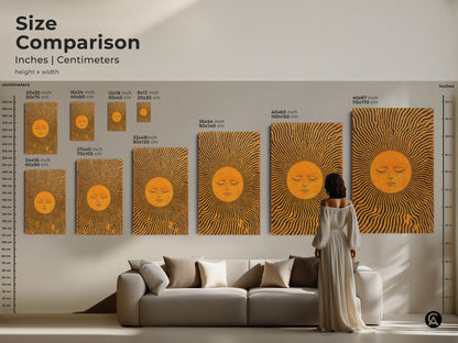 Compare sizes of the celestial sun artwork in inches and centimeters. This boho abstract sun face wall decor is available in various dimensions. Perfect for adding mid-century modern flair to any room. Transform your living space with this unique piece.