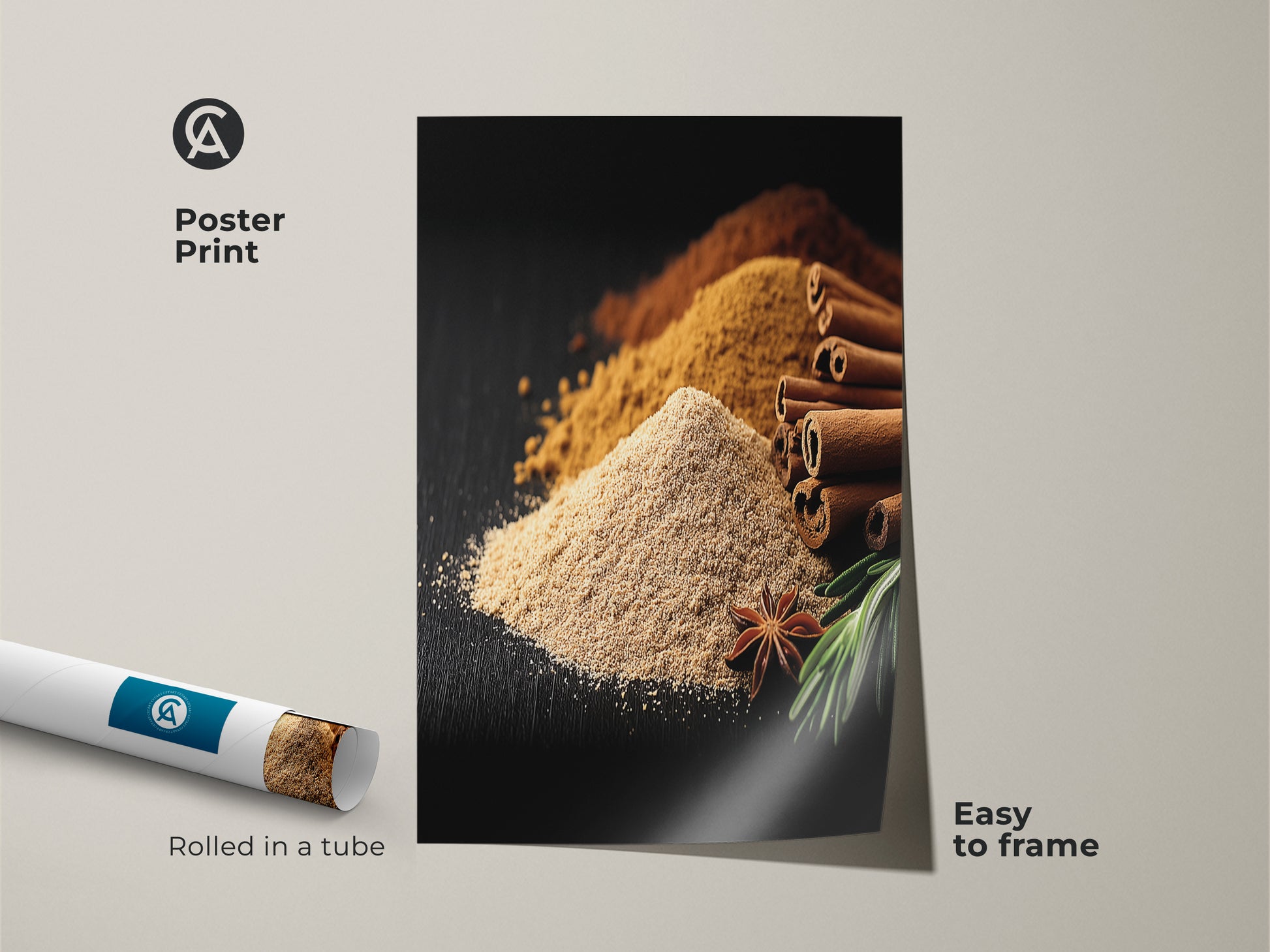 Spice Art Print rolled in a tube next to a framed version. Easy to frame this poster print displays cinnamon star anise and spices. The warm tan and brown tones evoke a modern farmhouse kitchen aesthetic. It’s an ideal housewarming gift for bakers. Museum-quality paper ensures lasting beauty