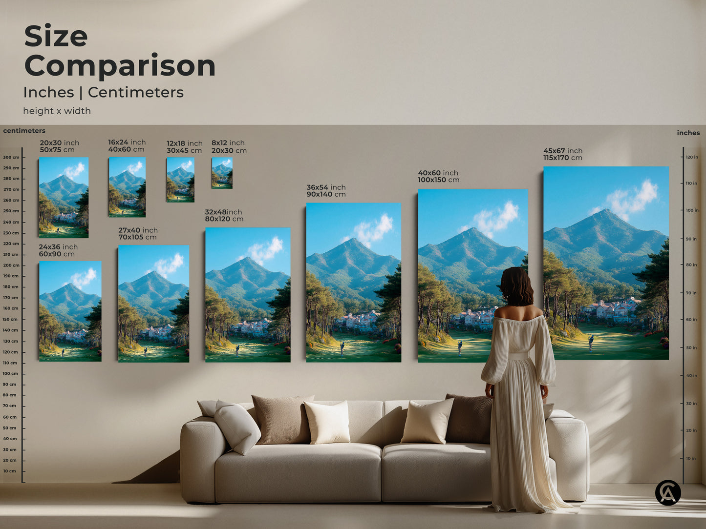 Size comparison of golf course artwork in inches and centimeters. Visualize how different sizes fit above a sofa. Options range from 8x12 inch to 45x67 inch. Select the ideal size to enhance your living space with beautiful artwork.