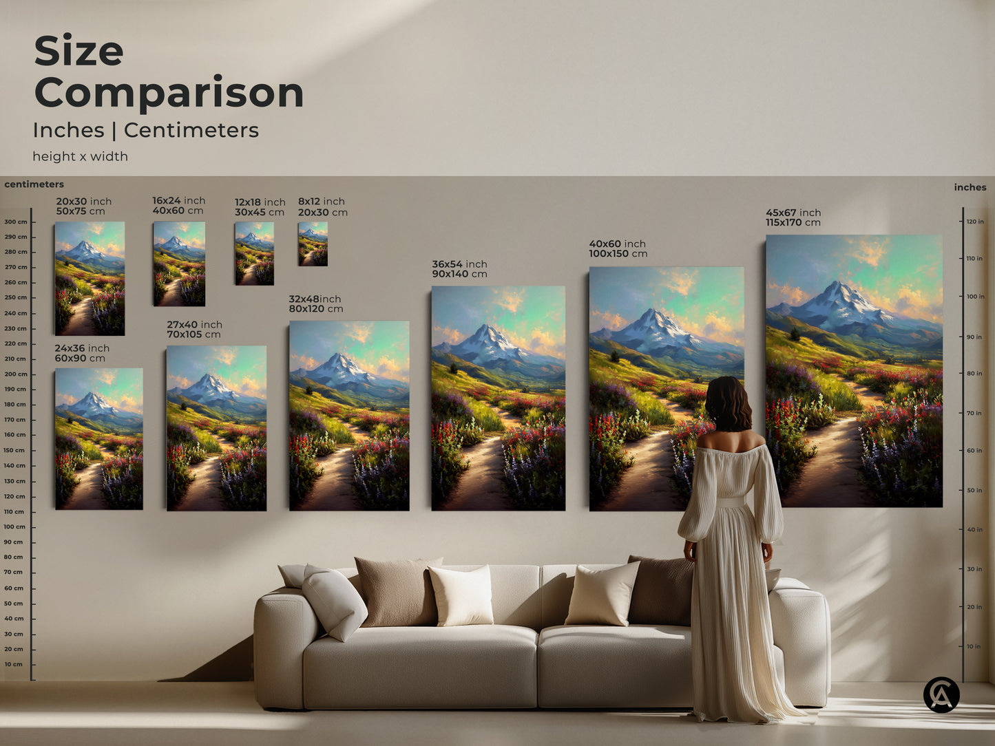 Size comparison of wildflower mountain art prints. See how each canvas size looks in a home setting. Choose from various sizes to suit your space. Find the ideal nature scene wall art for your living room.