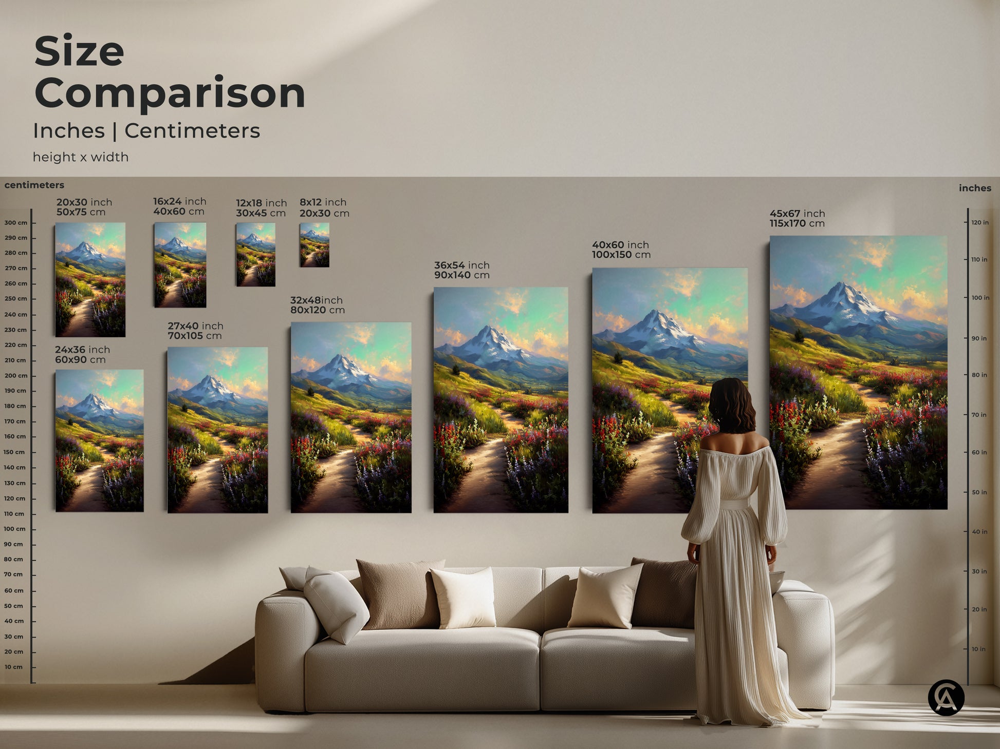 Size comparison of wildflower mountain art prints. See how each canvas size looks in a home setting. Choose from various sizes to suit your space. Find the ideal nature scene wall art for your living room.
