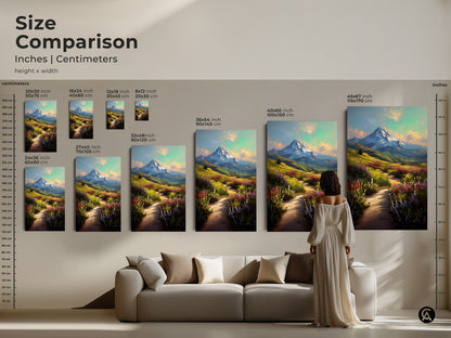 Size comparison of wildflower mountain art prints. See how each canvas size looks in a home setting. Choose from various sizes to suit your space. Find the ideal nature scene wall art for your living room.