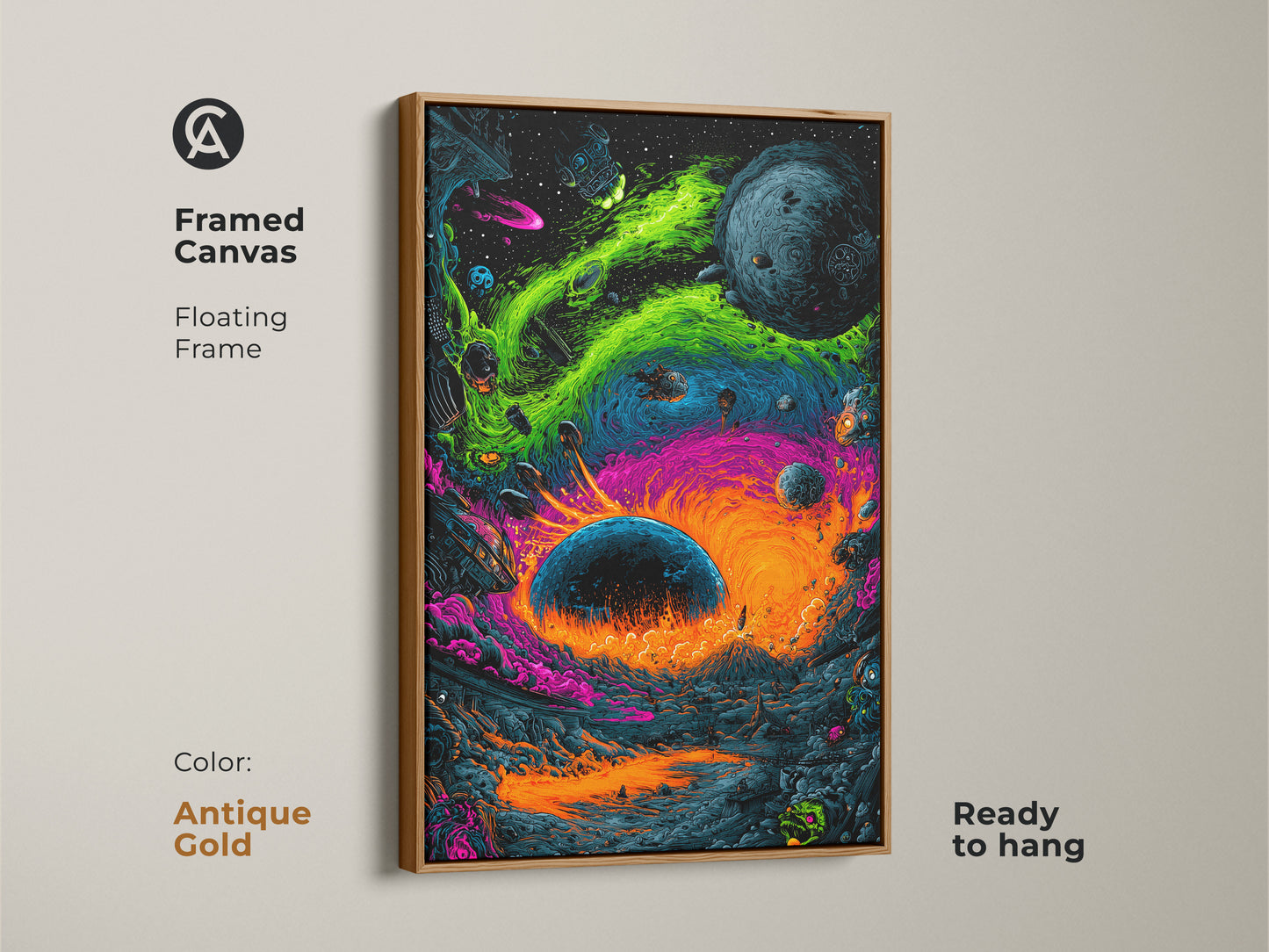 Adorn your walls with this framed canvas art print. The antique gold floating frame adds a touch of elegance. This artwork features a mesmerizing space scene and alien landscape. Ready to hang this piece brings cosmic beauty to your space. The antique gold frame enhances the art.