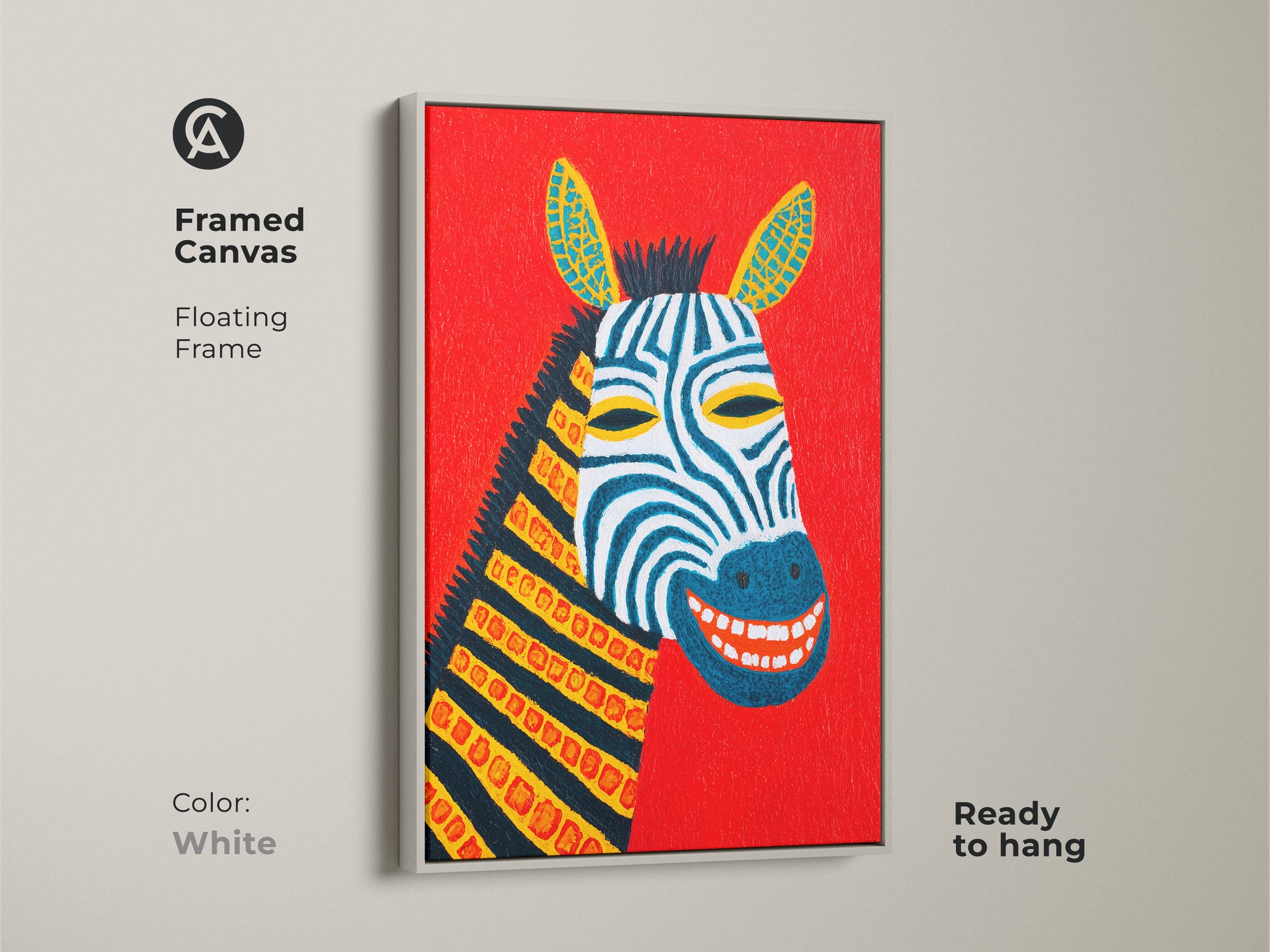 A white framed canvas of a fun abstract zebra. The kids room wall decor features a playful animal subject. Ready to hang this colorful folk art print. Perfect for a nursery this eclectic piece is a unique animal artwork. Gift bright wall decor today