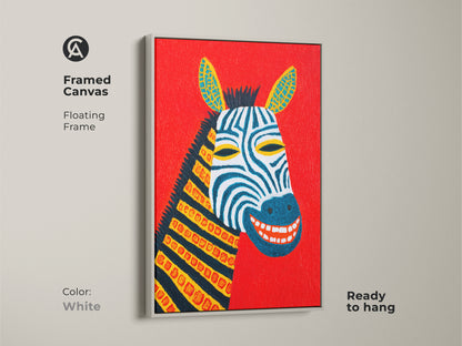 A white framed canvas of a fun abstract zebra. The kids room wall decor features a playful animal subject. Ready to hang this colorful folk art print. Perfect for a nursery this eclectic piece is a unique animal artwork. Gift bright wall decor today