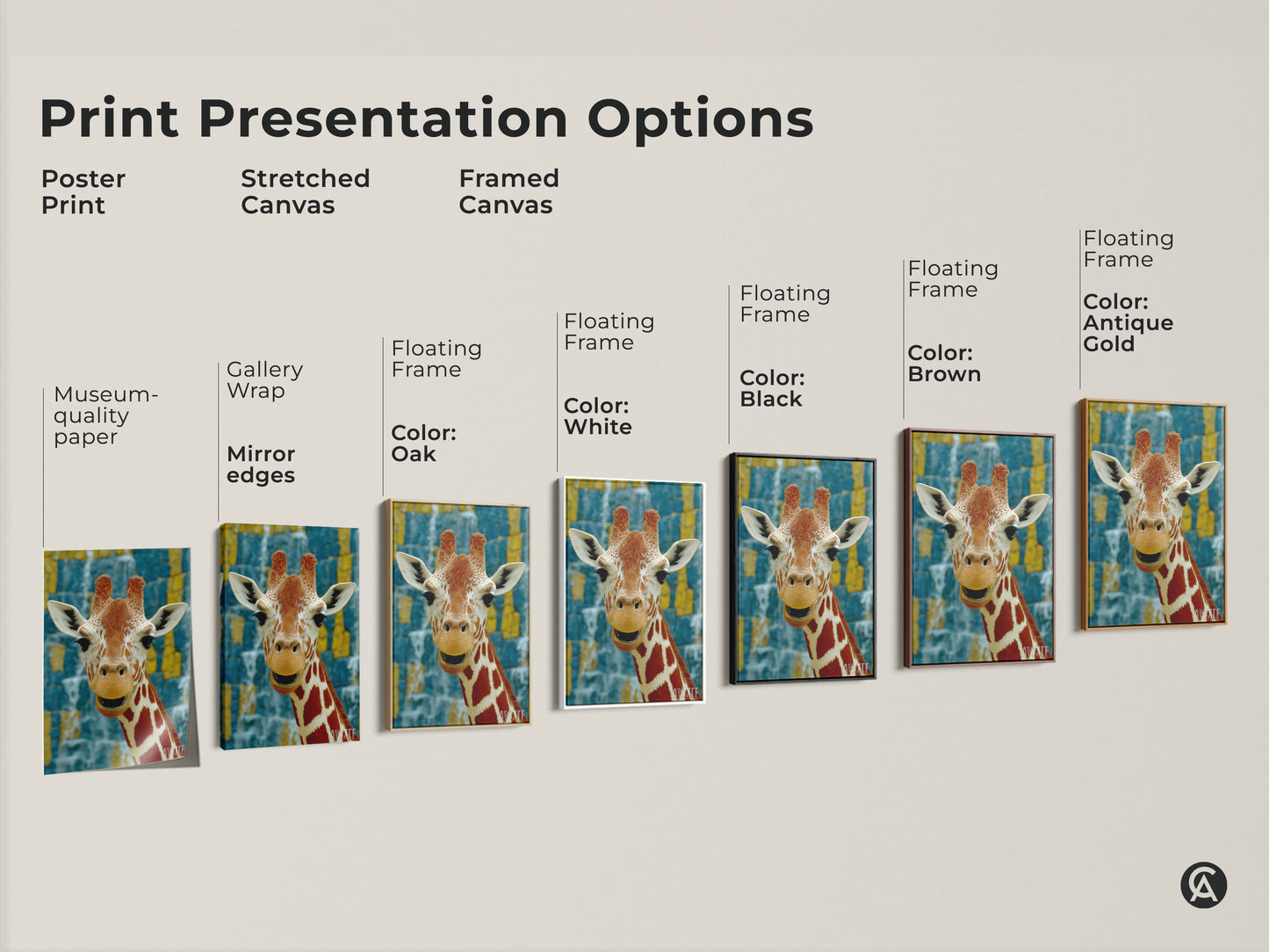 Print presentation options for the giraffe artwork. Choose from poster print stretched canvas or framed canvas. Museum-quality paper with gallery wrap and mirror edges. Floating frame in black brown oak antique gold and white. Find the perfect fit for your home decor today.