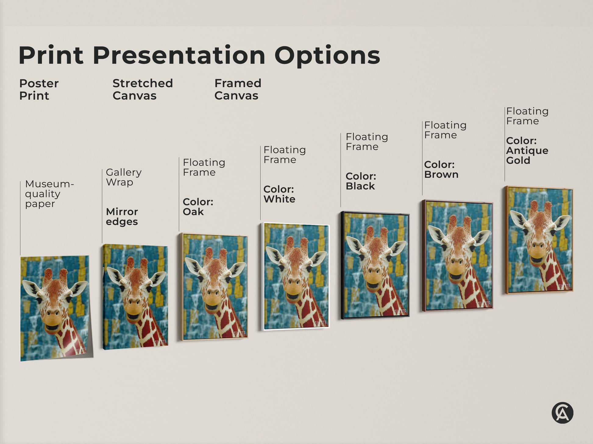 Print presentation options for the giraffe artwork. Choose from poster print stretched canvas or framed canvas. Museum-quality paper with gallery wrap and mirror edges. Floating frame in black brown oak antique gold and white. Find the perfect fit for your home decor today.