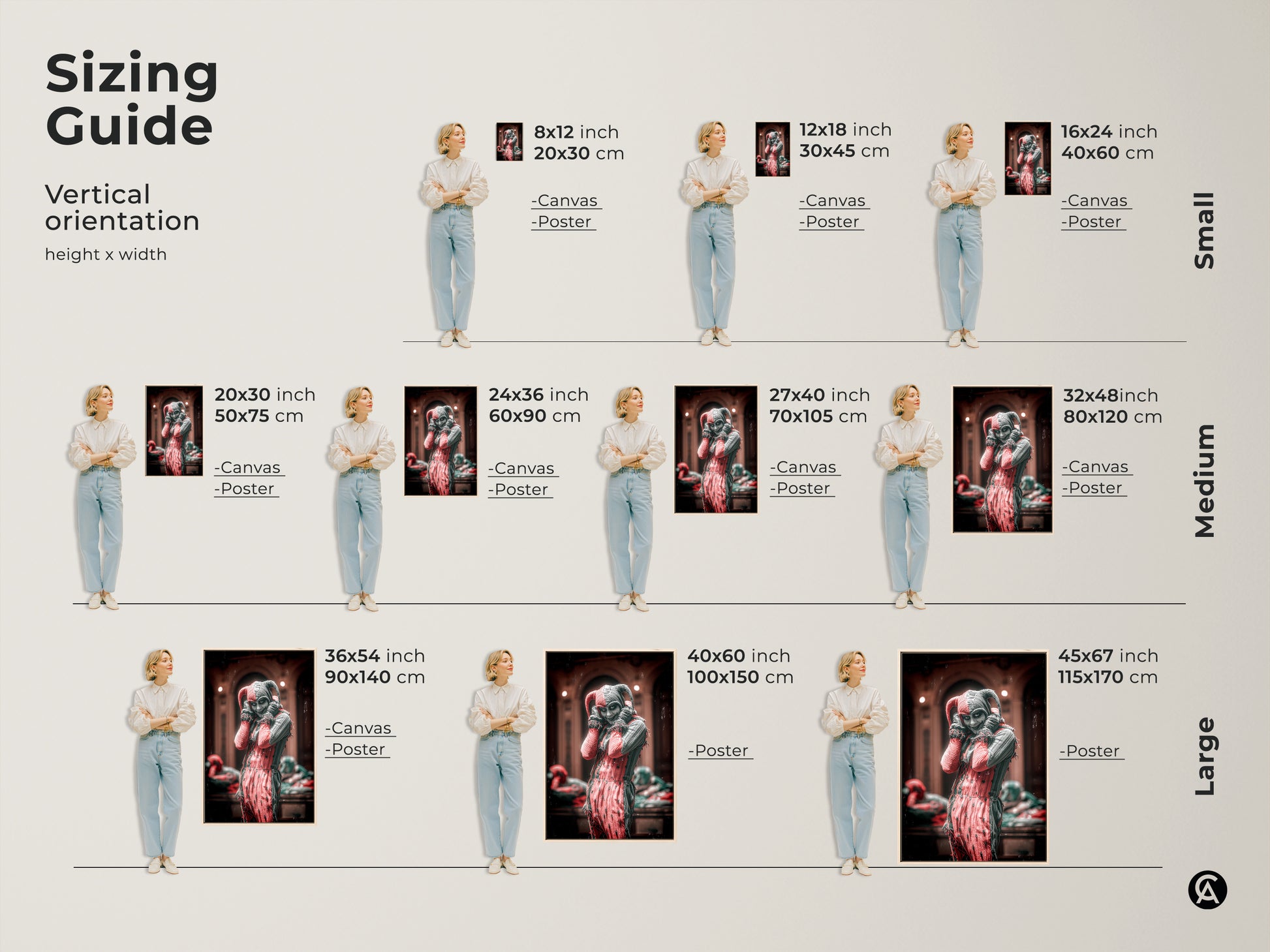 Sizing guide showcases canvas and poster print options. Vertical orientation guide from small to large sizes. It helps visualize gothic crimson & black harlequin artwork in various dimensions. Find the perfect fit for your space with this sizing chart.