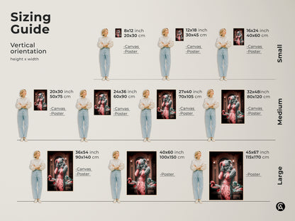 Sizing guide showcases canvas and poster print options. Vertical orientation guide from small to large sizes. It helps visualize gothic crimson & black harlequin artwork in various dimensions. Find the perfect fit for your space with this sizing chart.