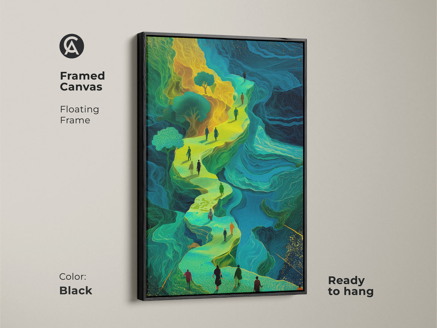 This framed fantasy artwork features a winding road with figures in emerald green and golden yellow. The black floating frame adds a touch of elegance to this canvas print. Ready to hang this abstract figurative art in your office or study. It brings an eclectic and imaginative touch.