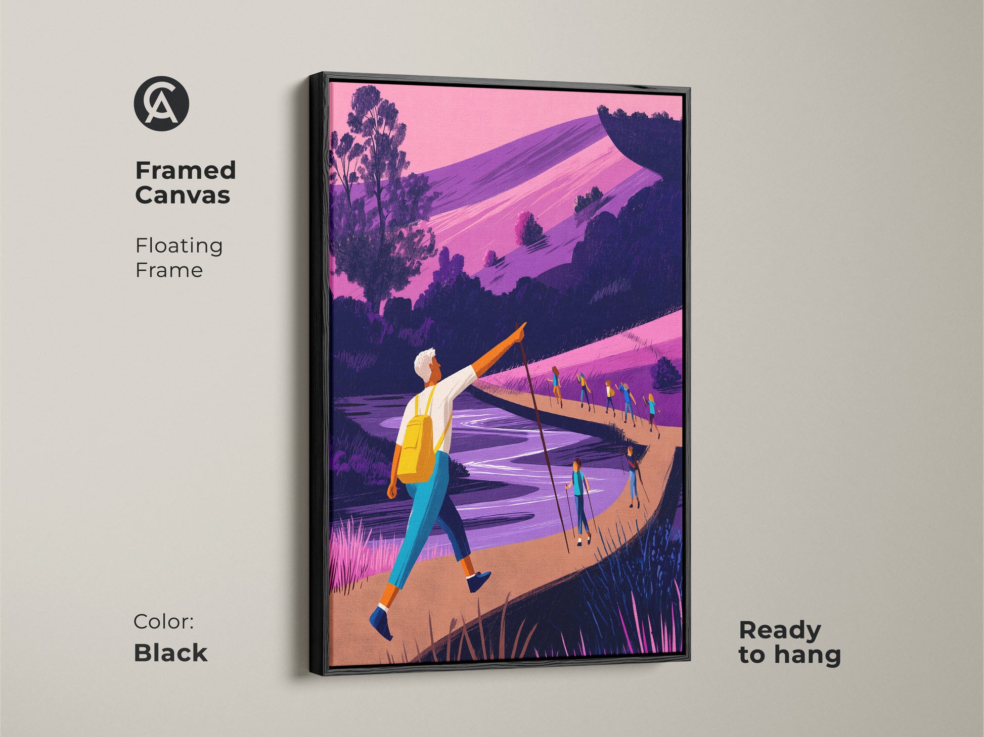 Framed canvas in black with a floating frame. The pink and blue abstract art is ready to hang. This modern illustrative landscape is perfect residential wall art. A great gift for hikers and travelers.