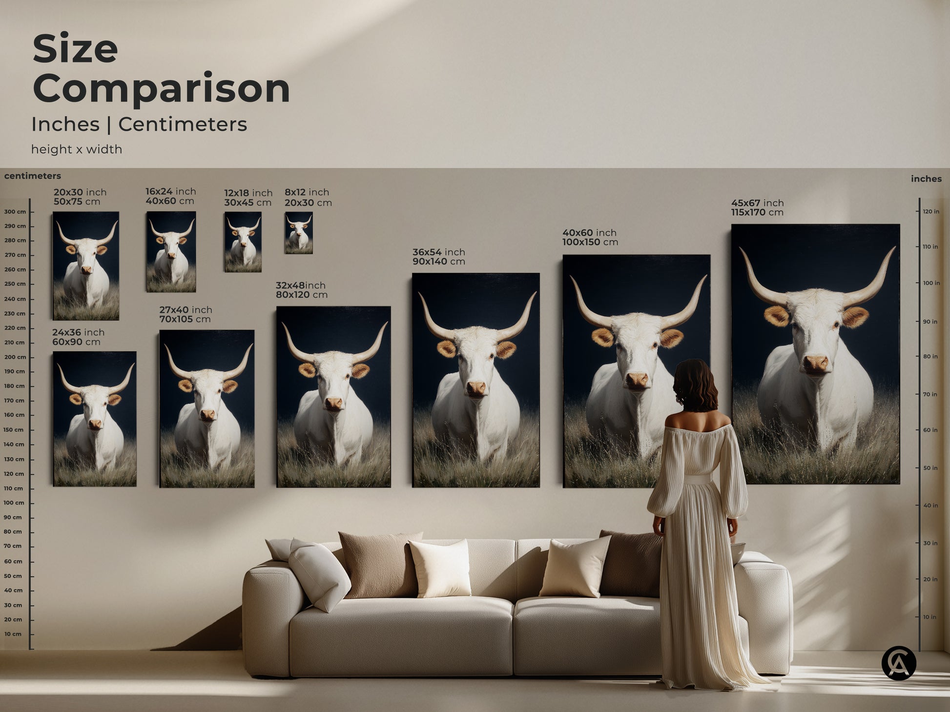 Size comparison of white longhorn cow artwork. See how the art looks in different sizes inches and centimeters. Perfect for farmhouse rustic wall art. Visualize the western animal canvas art in your space. Choose the right size for your living room or bedroom decor. Different sizes available.