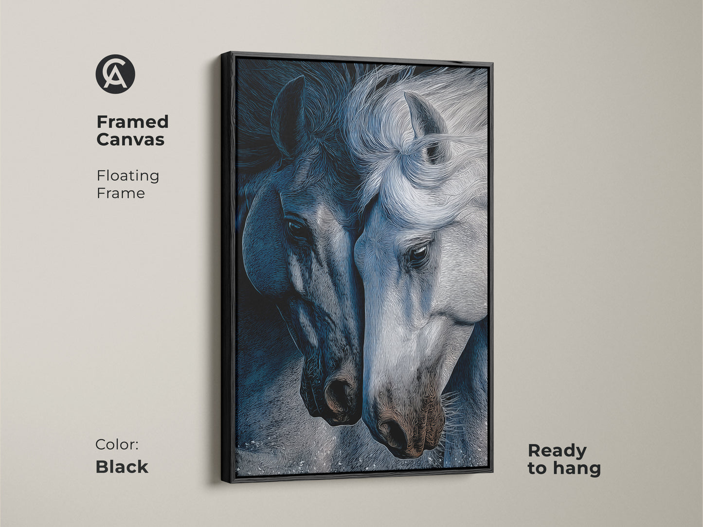 Framed canvas in black featuring indigo horse line art. The contemporary horse print is ready to hang. This animal line art wall decor adds a sophisticated touch. It's ideal as bedroom horse decor. The blue gray art print serves as a captivating focal point. Perfect as a gift for horse enthusiasts or as housewarming canvas art.
