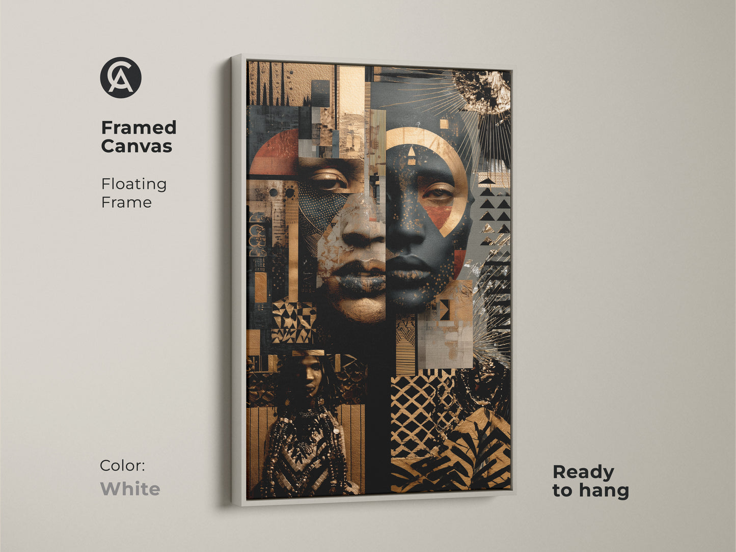 Framed canvas with a floating frame presents an Afrofuturist face. The abstract portrait wall art is gold and black. Ready to hang mixed media African art. Color is white.