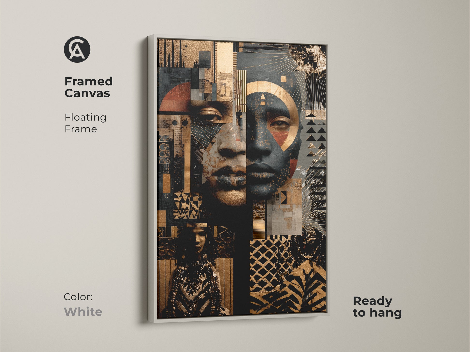 Framed canvas with a floating frame presents an Afrofuturist face. The abstract portrait wall art is gold and black. Ready to hang mixed media African art. Color is white.
