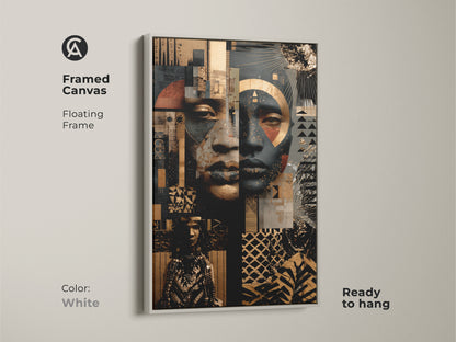 Framed canvas with a floating frame presents an Afrofuturist face. The abstract portrait wall art is gold and black. Ready to hang mixed media African art. Color is white.
