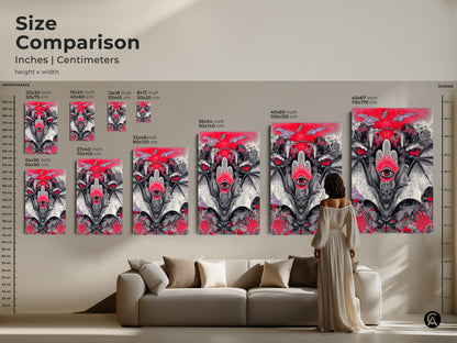 Size comparison of gothic bat third eye art canvas and posters. Perfect wall art for dark aesthetic home decor. See how this artwork fits above a sofa making a statement.