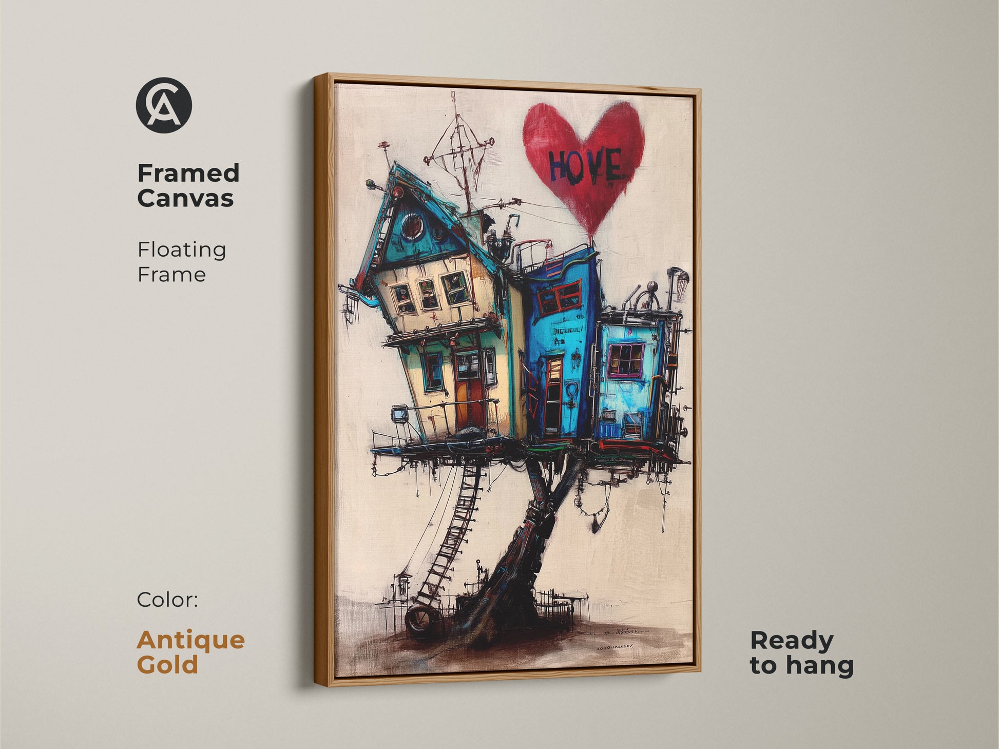 Framed canvas features a surreal house on stilts. The whimsical house art includes a red heart with HOVE. White floating frame makes this eclectic home decor pop. Teal and blue colors enhance any art collection. A perfect housewarming gift.