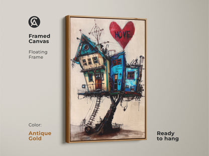 Framed canvas features a surreal house on stilts. The whimsical house art includes a red heart with HOVE. White floating frame makes this eclectic home decor pop. Teal and blue colors enhance any art collection. A perfect housewarming gift.