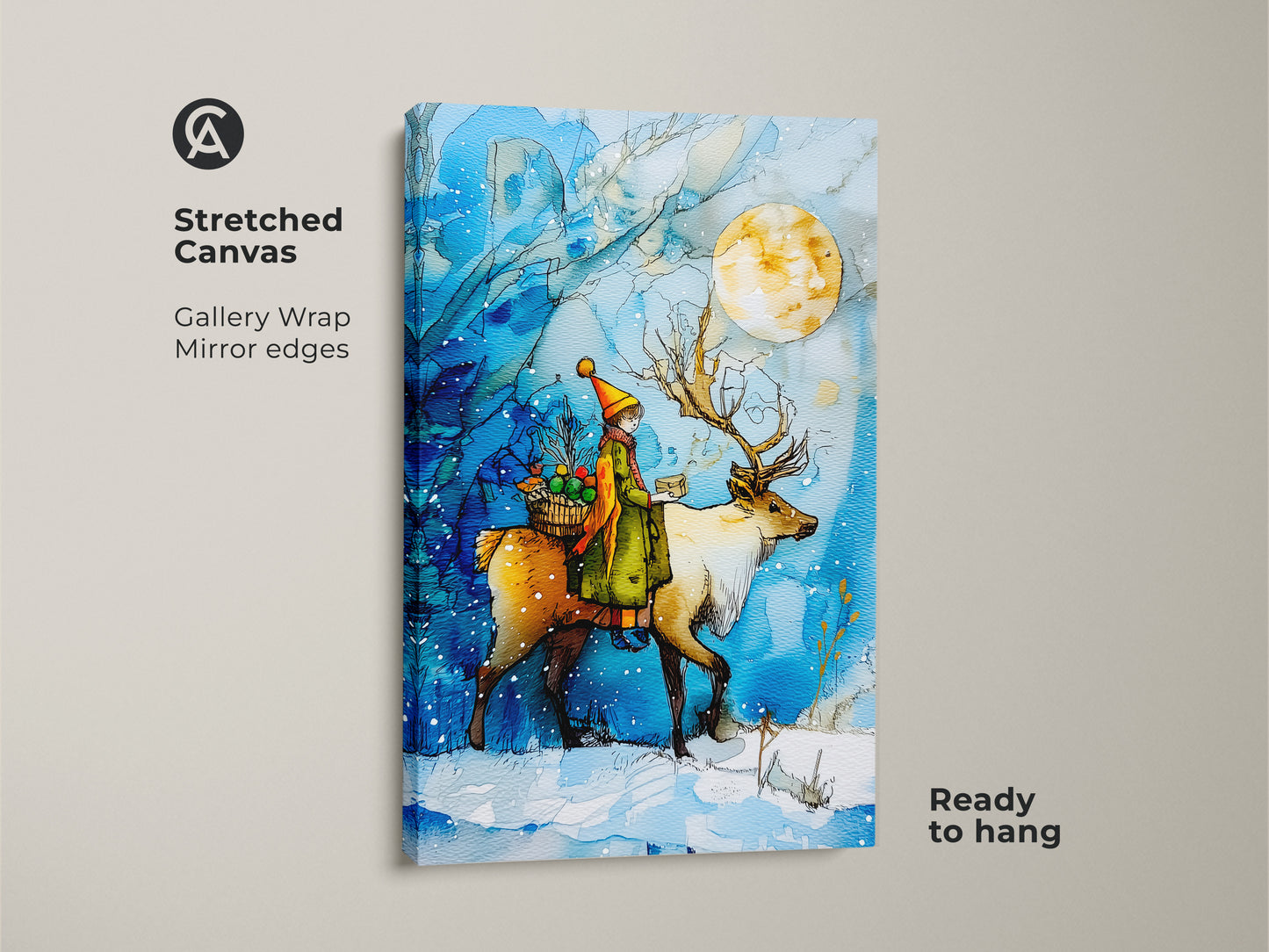 A gallery-wrapped stretched canvas features a child riding a reindeer under a full moon. The winter wonderland wall art showcases blue and yellow colors. Ideal christmas nursery decor adds a festive touch as a gift. This magical winter scene enhances any space.