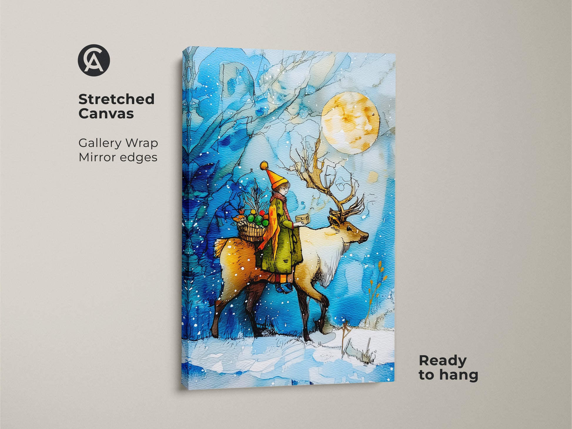 A gallery-wrapped stretched canvas features a child riding a reindeer under a full moon. The winter wonderland wall art showcases blue and yellow colors. Ideal christmas nursery decor adds a festive touch as a gift. This magical winter scene enhances any space.