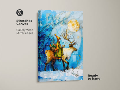 A gallery-wrapped stretched canvas features a child riding a reindeer under a full moon. The winter wonderland wall art showcases blue and yellow colors. Ideal christmas nursery decor adds a festive touch as a gift. This magical winter scene enhances any space.