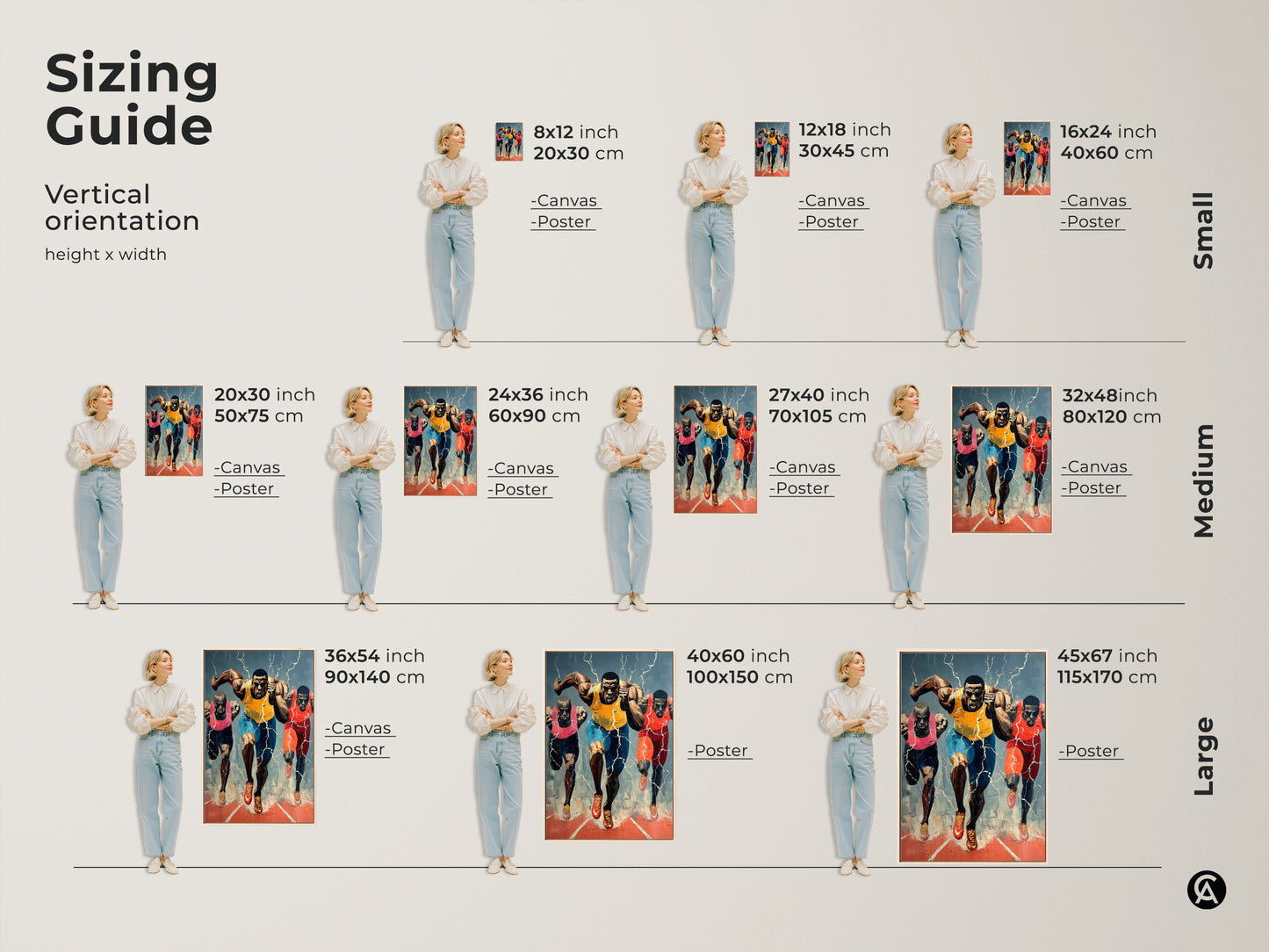 Sizing guide for vertical runner art orientation. Available in small medium and large sizes. Find the perfect fit for your space. Shop dynamic runner canvas and poster prints today. Decorate your space!