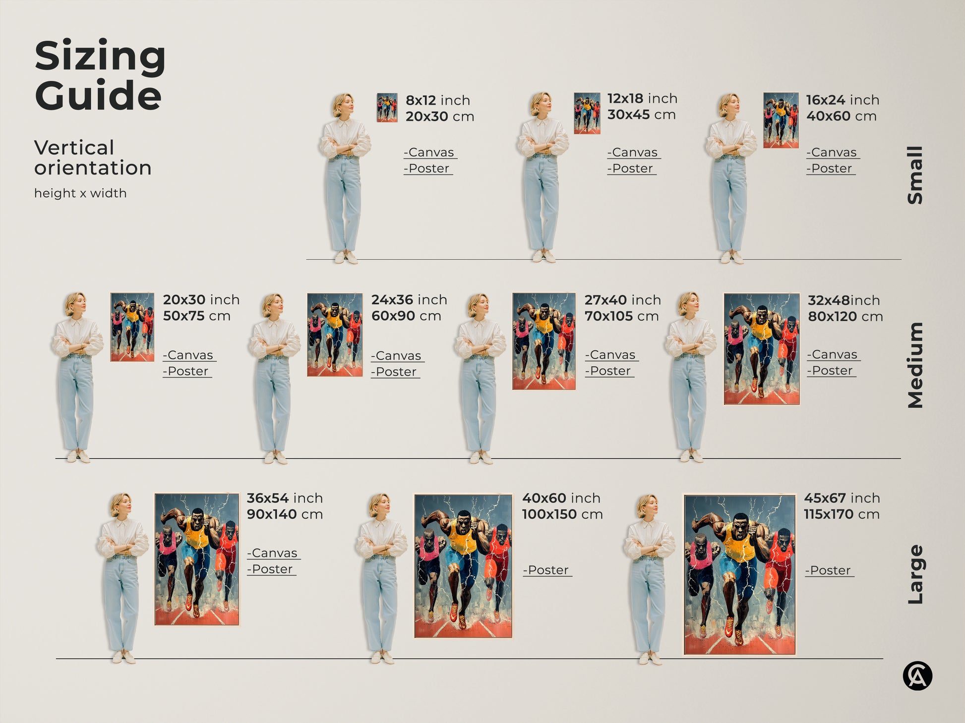 Sizing guide for vertical runner art orientation. Available in small medium and large sizes. Find the perfect fit for your space. Shop dynamic runner canvas and poster prints today. Decorate your space!