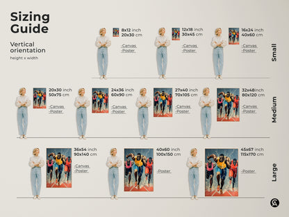 Sizing guide for vertical runner art orientation. Available in small medium and large sizes. Find the perfect fit for your space. Shop dynamic runner canvas and poster prints today. Decorate your space!