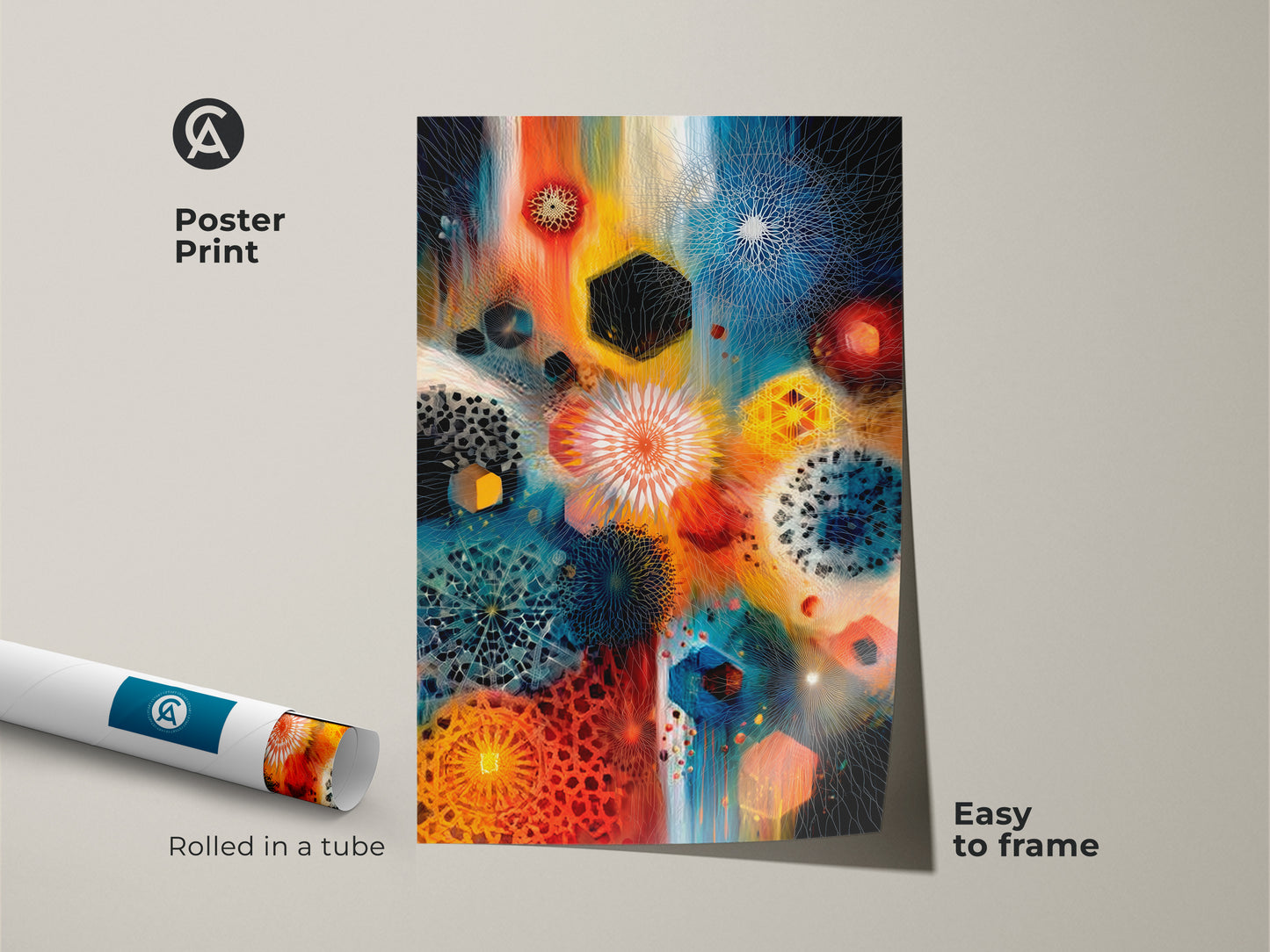 Poster print of abstract geometric wall art rolled in a tube. This colorful artwork features orange blue and teal mandala patterns. Easy to frame this contemporary print adds an eclectic touch. Perfect for modern home or office decor