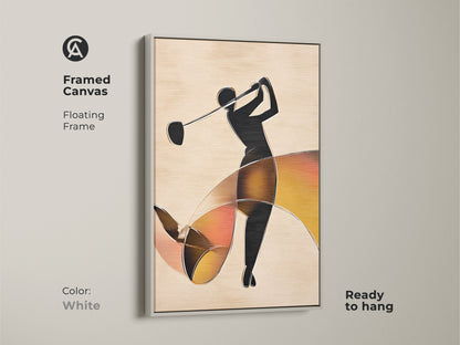 Abstract golfer canvas in a white floating frame. Modern sports art features a black golfer silhouette with flowing orange accents. Elegant beige background. Perfect golf lover gift.