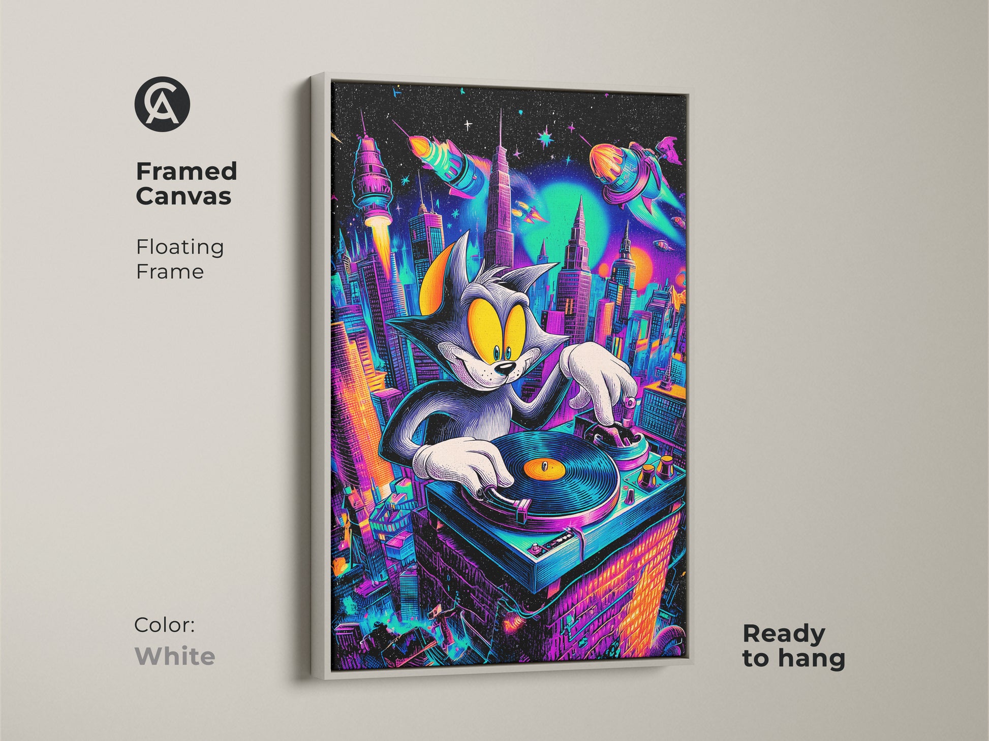 Framed canvas of Tom and Jerry DJ artwork with a white floating frame. Ready to hang. This art print shows Tom cat mixing music in a colorful cityscape. A modern and playful addition to your home decor. Perfect for cartoon lovers.