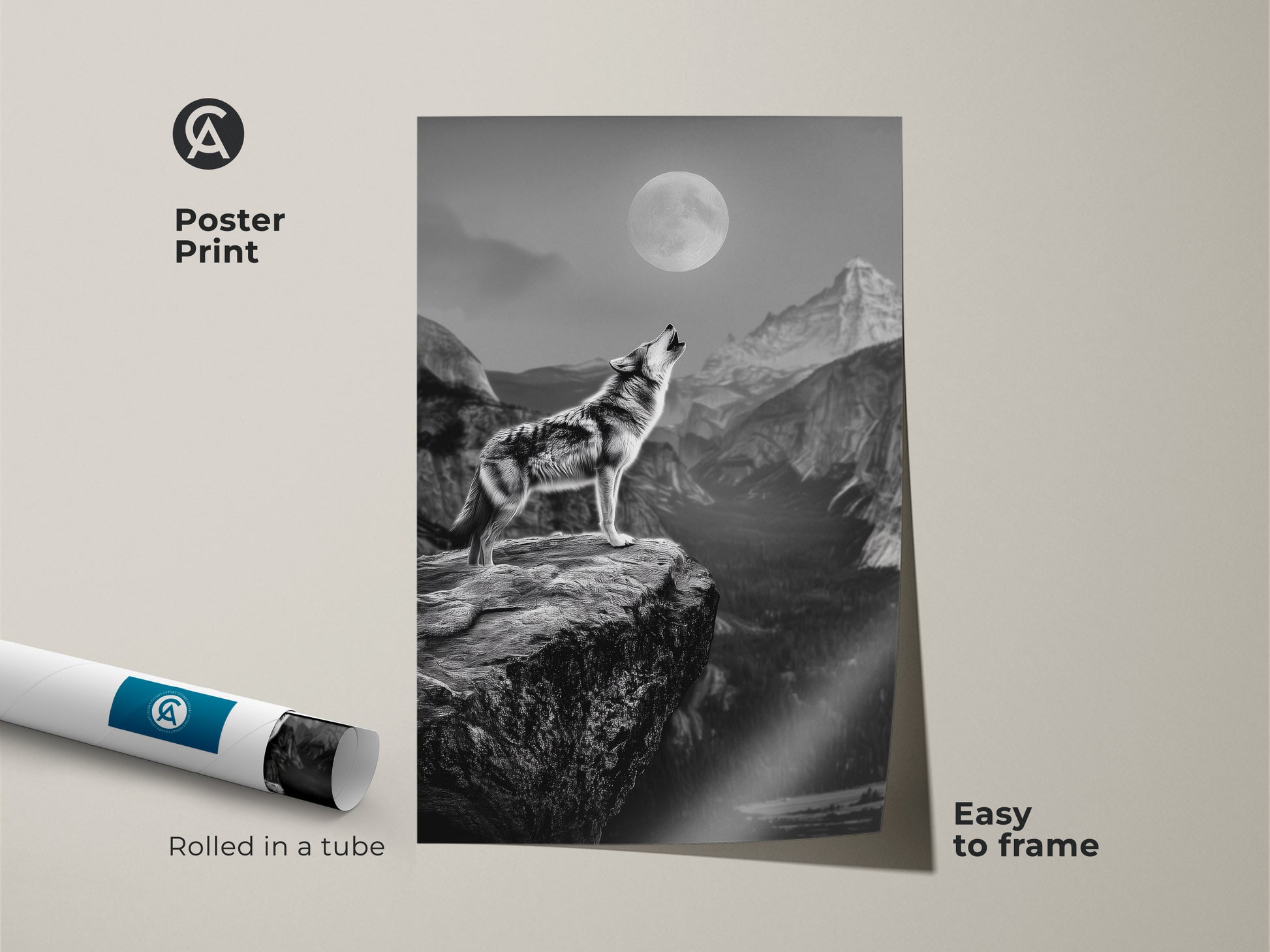 Rustic wildlife wall art arrives as a poster print rolled in a tube. This monochrome wolf canvas is easy to frame. Perfect as a wolf lover gift idea or for bedroom nature decor. The howling wolf poster captures a moonlit mountain landscape. Bring the untamed beauty of the natural world into your home.